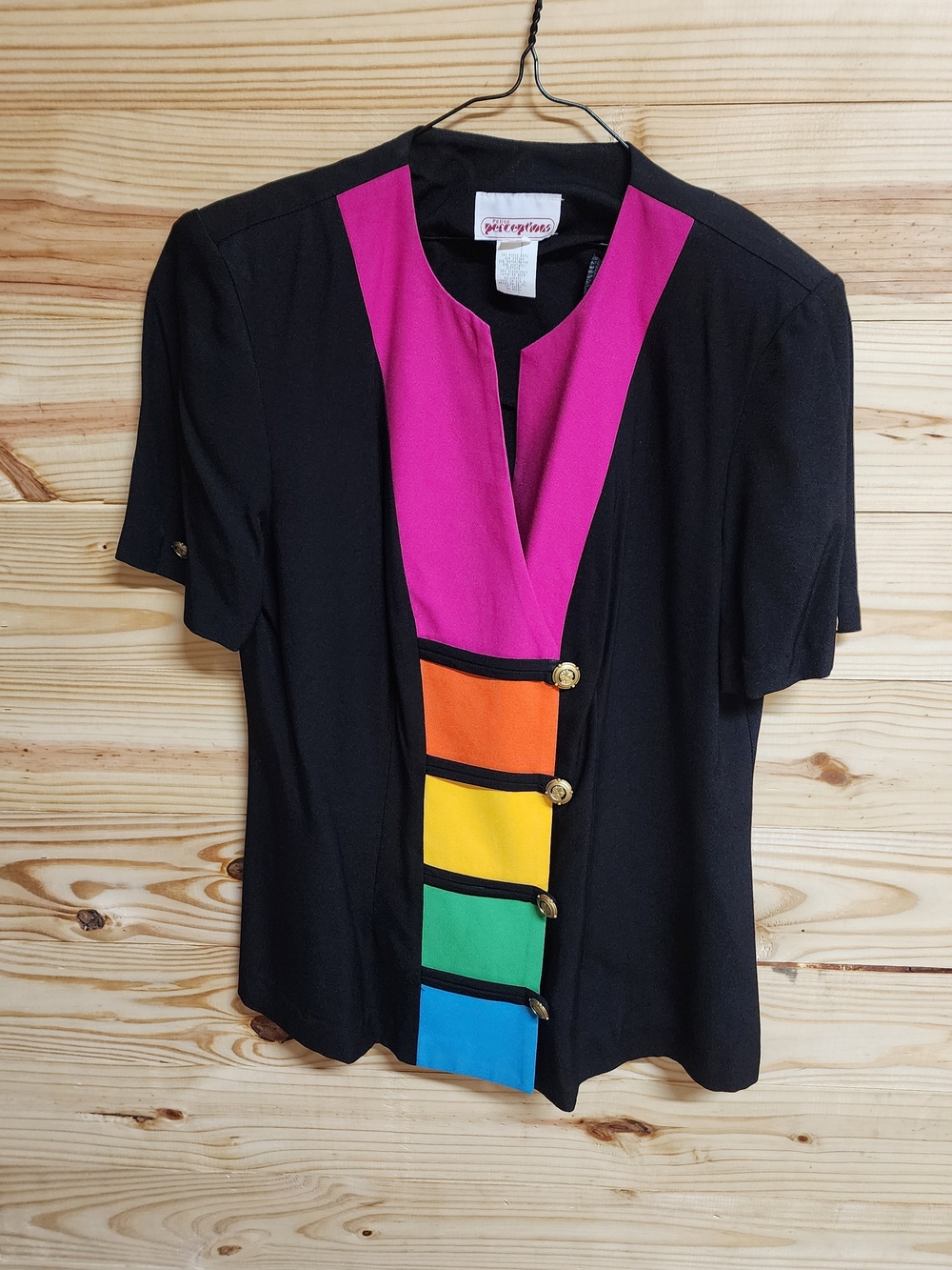 Vintage Colorblock Womens Short Sleeve Blazer Top with Bright Accent Panels
